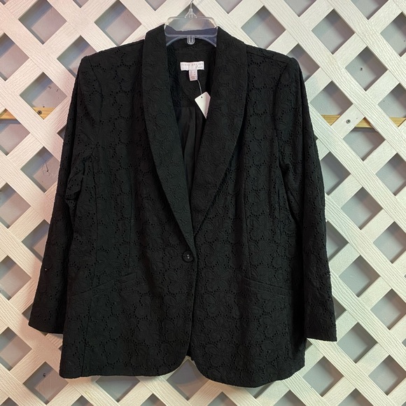 Susan Graver PURE Cotton Eyelet Shawl Collar Bracelet Sleeve Blazer Black Large - Picture 2 of 5